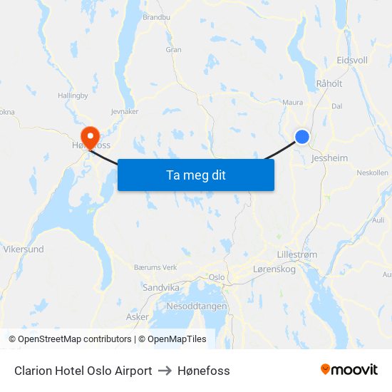 Clarion Hotel Oslo Airport to Hønefoss map