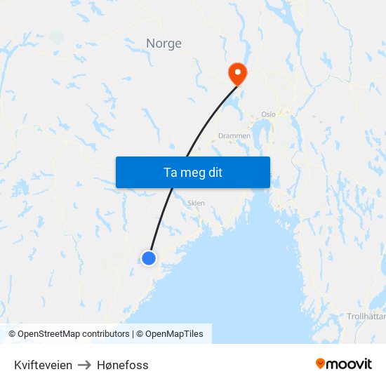 Kvifteveien to Hønefoss map