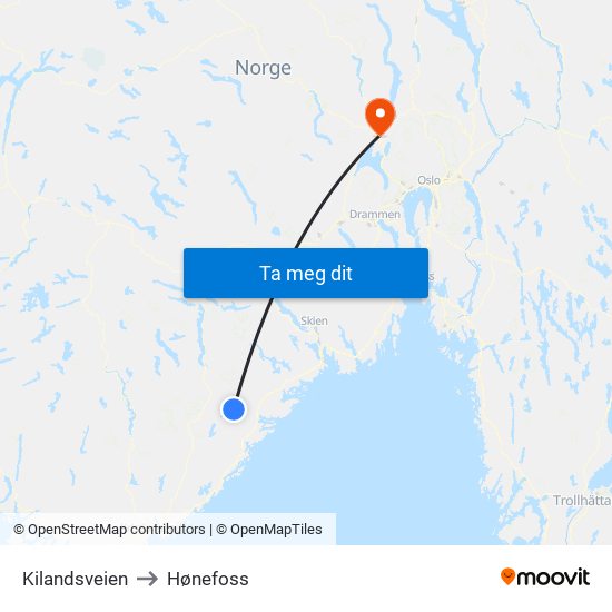 Kilandsveien to Hønefoss map