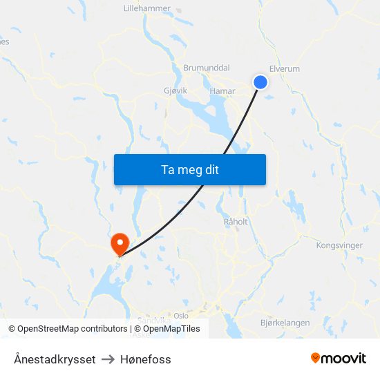 Ånestadkrysset to Hønefoss map