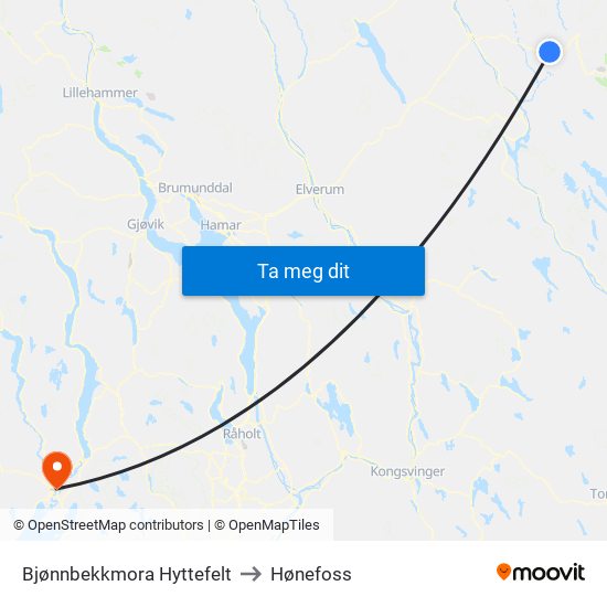 Bjønnbekkmora Hyttefelt to Hønefoss map