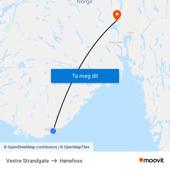 Vestre Strandgate to Hønefoss map