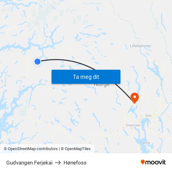 Gudvangen Ferjekai to Hønefoss map