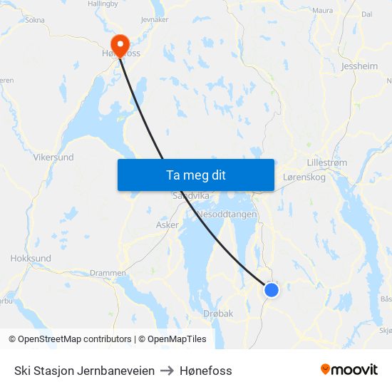 Ski Stasjon Jernbaneveien to Hønefoss map