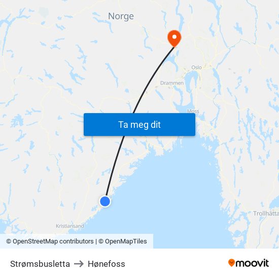 Strømsbusletta to Hønefoss map