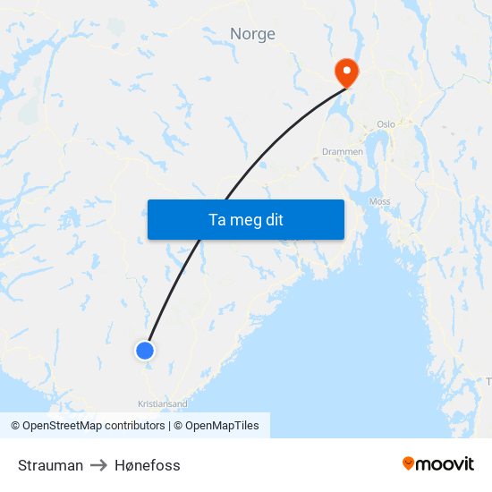 Strauman to Hønefoss map
