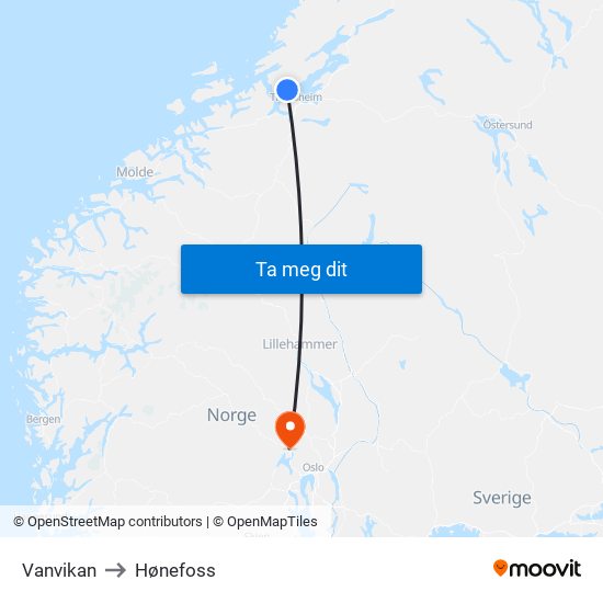 Vanvikan to Hønefoss map