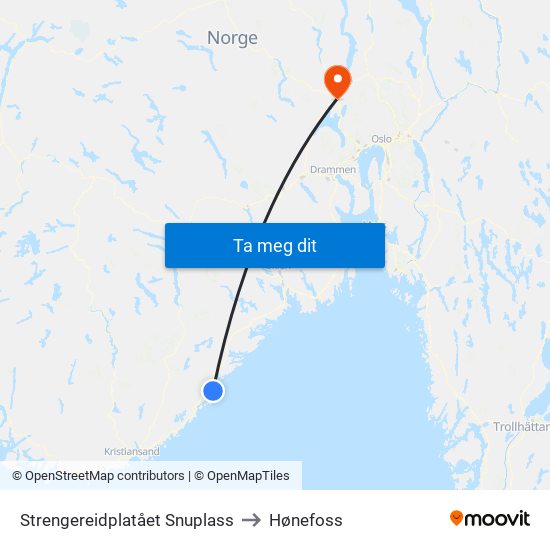 Strengereidplatået Snuplass to Hønefoss map
