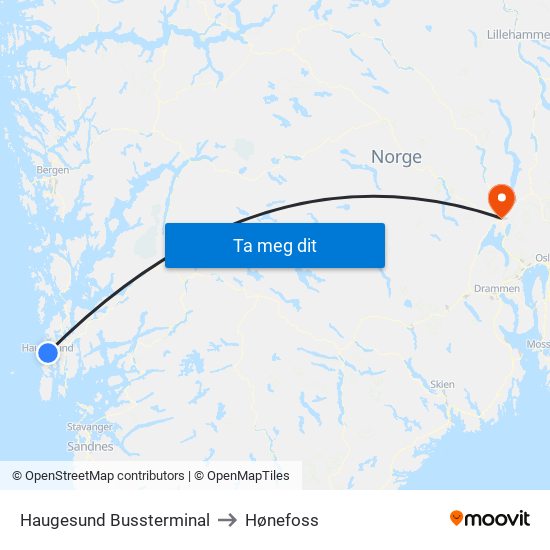 Haugesund Bussterminal to Hønefoss map