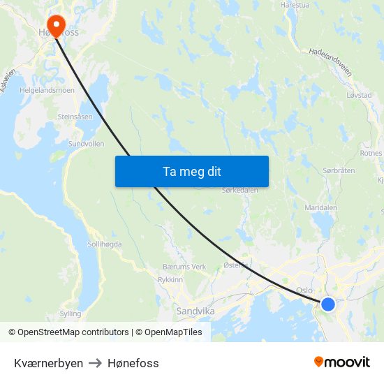 Kværnerbyen to Hønefoss map