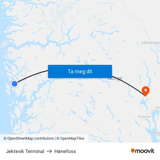 Jektevik Terminal to Hønefoss map