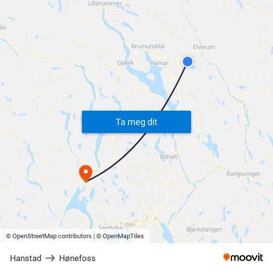 Hanstad to Hønefoss map