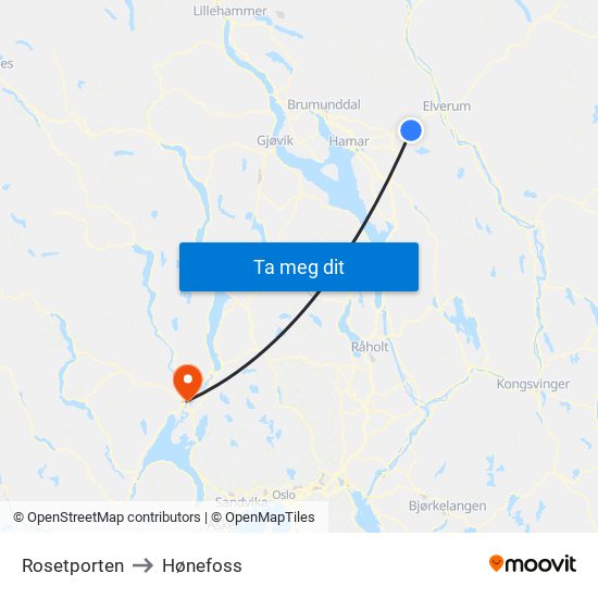 Rosetporten to Hønefoss map