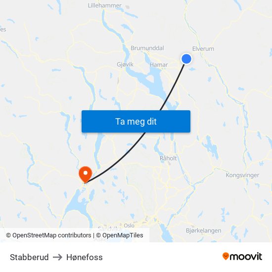 Stabberud to Hønefoss map