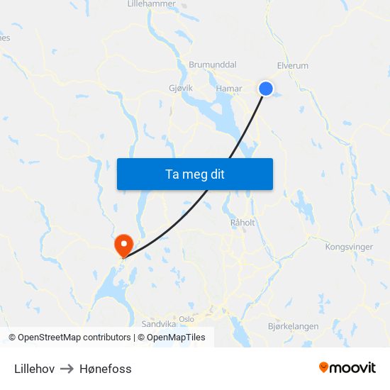 Lillehov to Hønefoss map