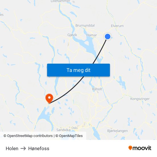 Holen to Hønefoss map