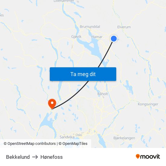 Bekkelund to Hønefoss map