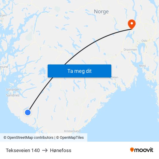 Tekseveien 140 to Hønefoss map