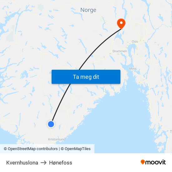 Kvernhuslona to Hønefoss map