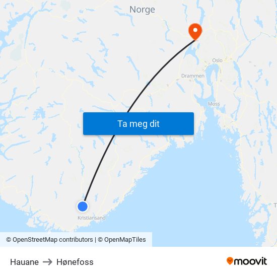Hauane to Hønefoss map
