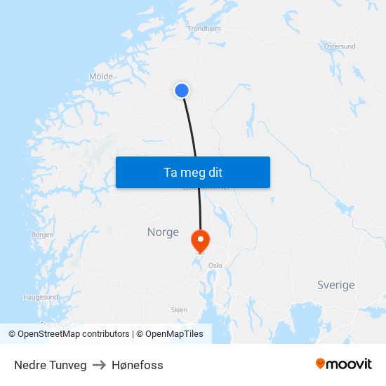 Nedre Tunveg to Hønefoss map