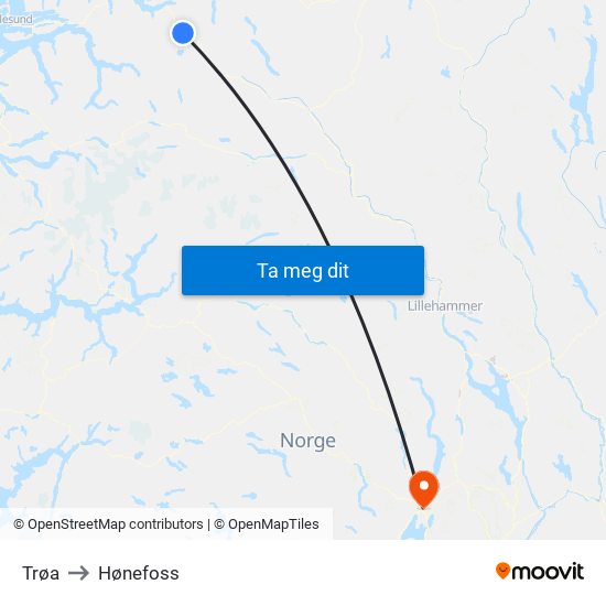 Trøa to Hønefoss map