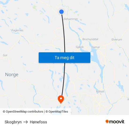 Skogbryn to Hønefoss map