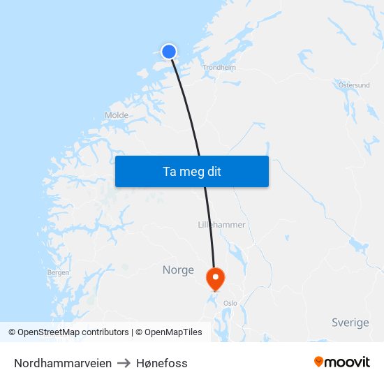 Nordhammarveien to Hønefoss map