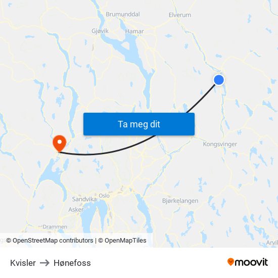 Kvisler to Hønefoss map