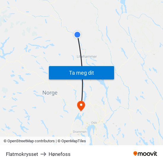 Flatmokrysset to Hønefoss map