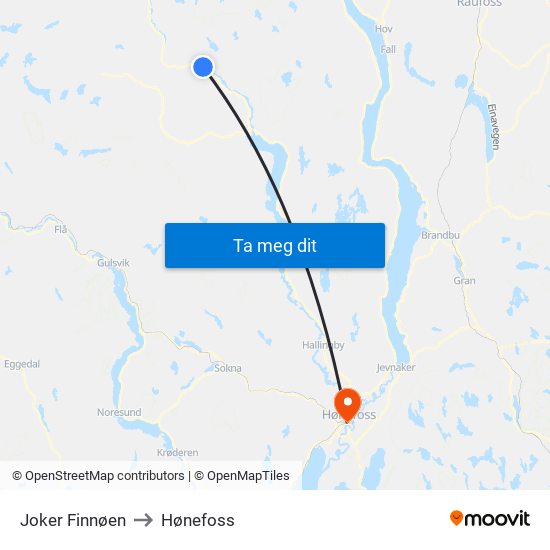 Joker Finnøen to Hønefoss map