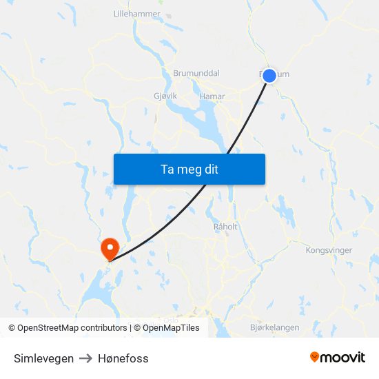 Simlevegen to Hønefoss map