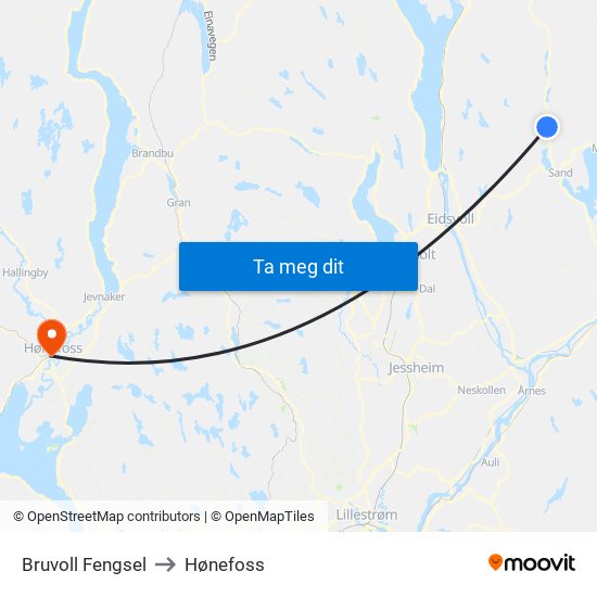 Bruvoll Fengsel to Hønefoss map