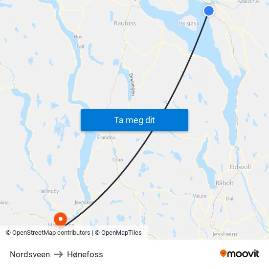 Nordsveen to Hønefoss map