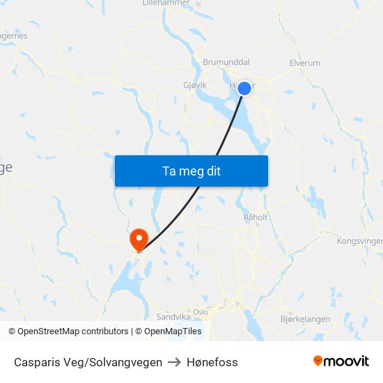 Casparis Veg/Solvangvegen to Hønefoss map