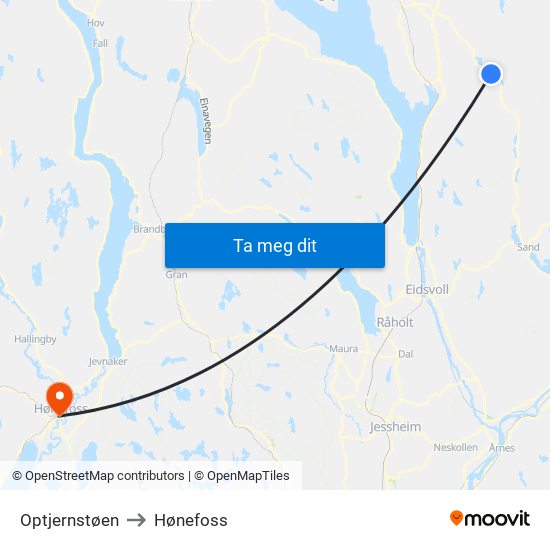 Optjernstøen to Hønefoss map