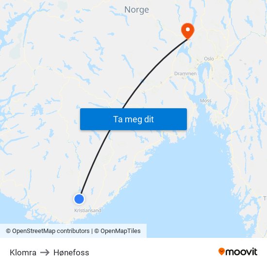 Klomra to Hønefoss map