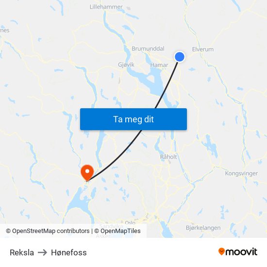Reksla to Hønefoss map