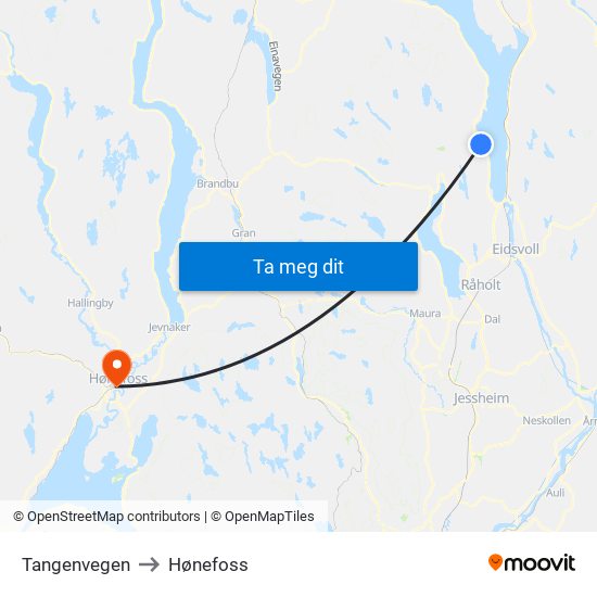 Tangenvegen to Hønefoss map