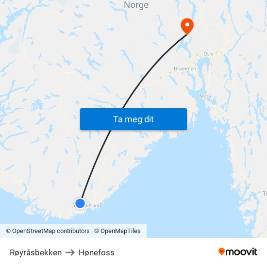 Røyråsbekken to Hønefoss map
