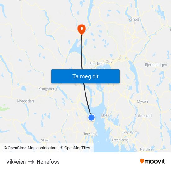 Vikveien to Hønefoss map
