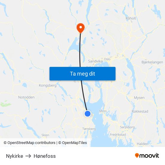 Nykirke to Hønefoss map