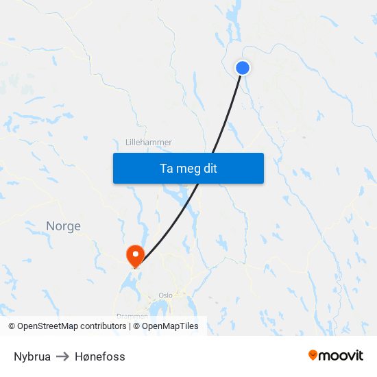 Nybrua to Hønefoss map