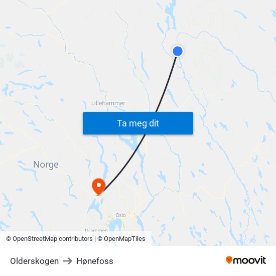 Olderskogen to Hønefoss map