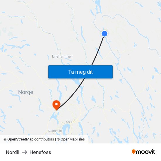 Nordli to Hønefoss map