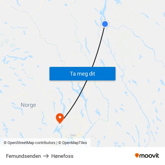Femundsenden to Hønefoss map