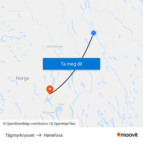 Tågmyrkrysset to Hønefoss map