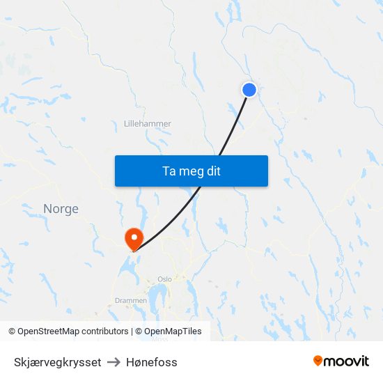 Skjærvegkrysset to Hønefoss map