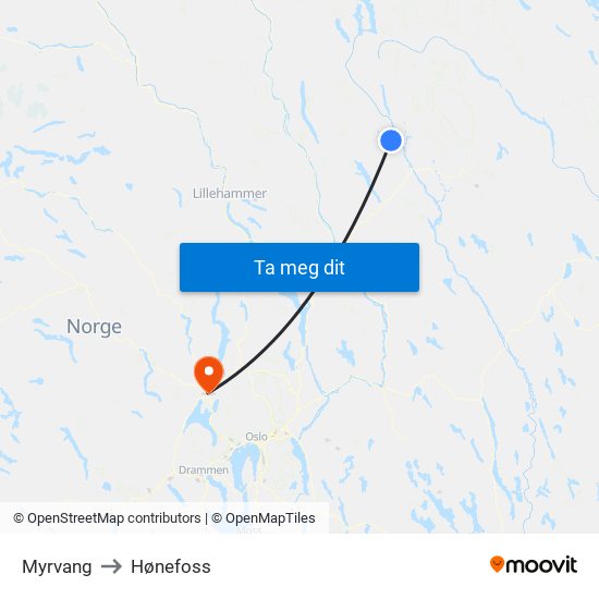 Myrvang to Hønefoss map