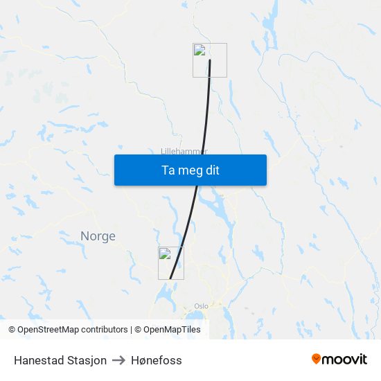 Hanestad Stasjon to Hønefoss map